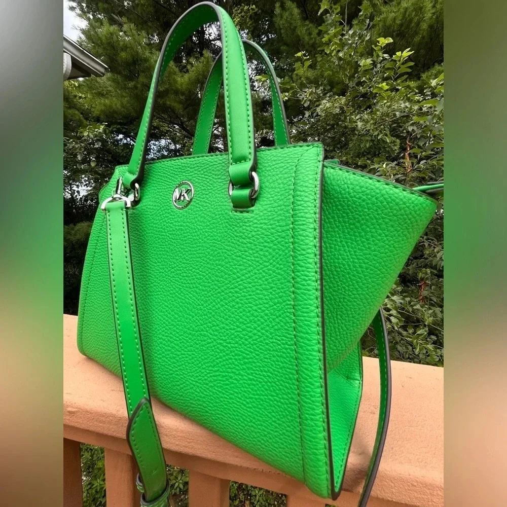Michael Kors Freya Green Pebble Leather Tote Crossbody Satchel NWT